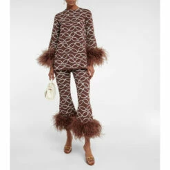 Valentino Feather-trimmed Printed Pants